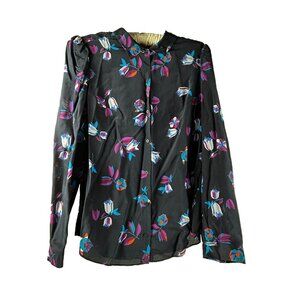 Rebecca Taylor Womens Bellflower Print Silk Blouse Top Size 10 Black Long Sleeve